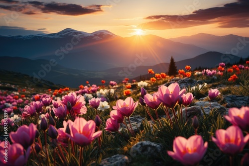 A field of vibrant flowers swaying gently in the breeze as the sun dips below the horizon  casting a warm golden light over the landscape