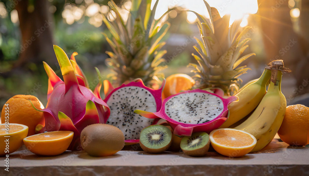 Dragon fruit, kiwi, bananas and oranges.	