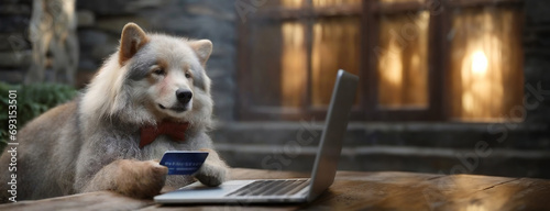 E-Commerce Goes Wild  Dog with Credit Card Shopping Online. Animal wearing a bowtie  holding a credit card in paws  and using a laptop  humorously personifying online shopping in a cozy home setting.