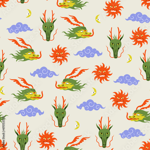Colorful Seamless Pattern with Dragons. Chinese symbol. Modern trendy style