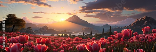 A vibrant painting showcasing a vast field of colorful flowers with majestic mountains looming in the background, creating a serene and enchanting scene