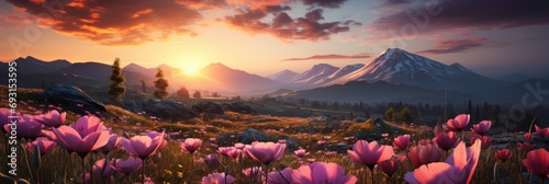 beautiful tulip flowers and panoramic landscape with a serene sunrise