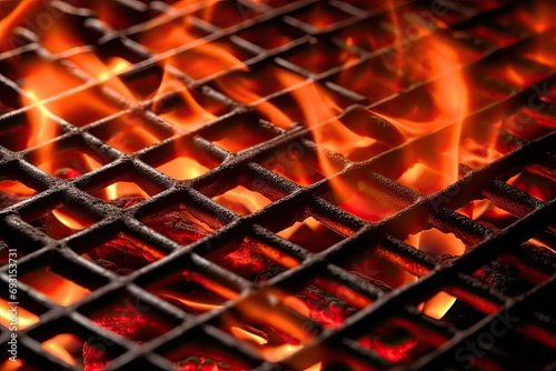 Fiery flames dance and flicker against the backdrop of a close-up of a grill, casting a warm and mesmerizing glow