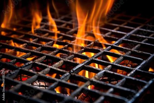 Flames Over Grill Grate. Close-up of orange flames licking a black grill grate.