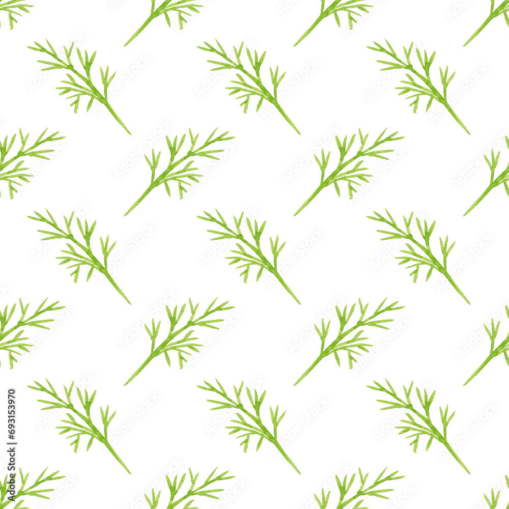 Sprigs of dill. Greenery silhouette. Watercolor seamless pattern