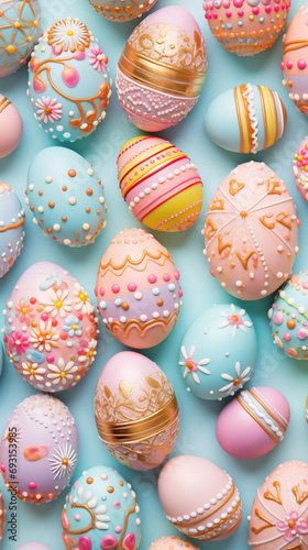 Colorful Easter Eggs decorated for easter party concept in a flat lay background color
