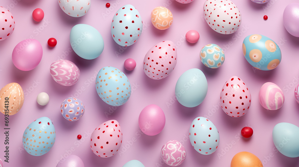 Colorful Easter Eggs decorated for easter party concept in a flat lay background color