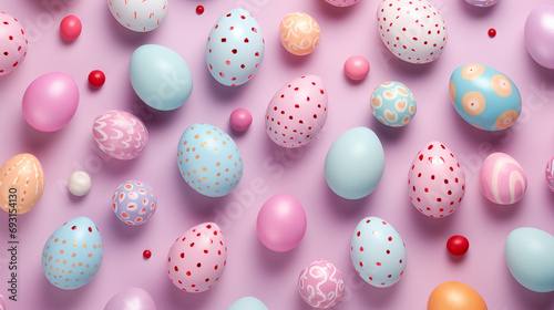 Colorful Easter Eggs decorated for easter party concept in a flat lay background color