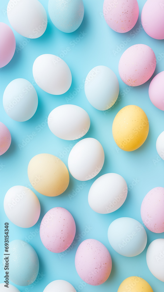 Colorful Easter Eggs decorated for easter party concept in a flat lay background color