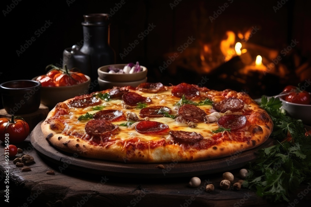 very appetizing pizza with salami, tomatoes, cheese, , olives, close up