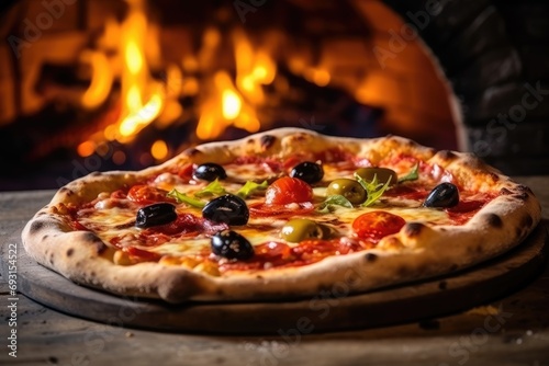 appetizing pizza with salami, tomatoes, cheese, , olives with fire background 