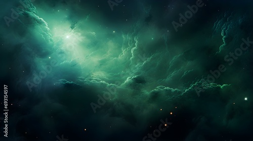 Dark Green Cosmic Background with swirling Galaxies and Nebulae