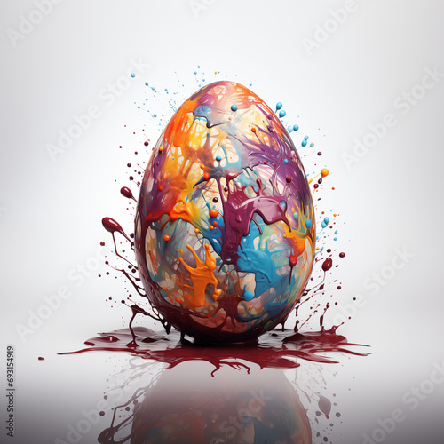 dibujo 3D huevo de pascua chocolate pintado en colores vibrantes, patrón o modelo para estampado, en fondo blanco con detalles de salpicaduras de pintura a modo de ilustrativo photo