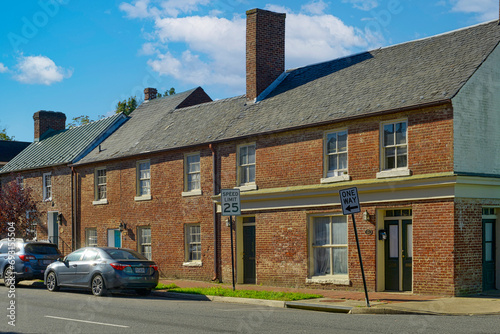 Row of brick houses in the Princess Anne Street historic district of Fredericksburg, Virginia