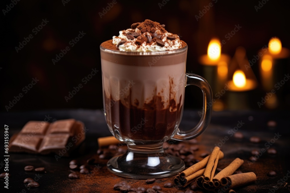 Glass of hot chocolate with whipped cream and truffles on an old brown table. Glass of hot chocolate with whipped cream and truffles on an old brown table.