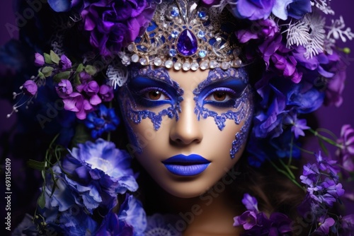 A woman wearing blue makeup adorns her hair with flowers, creating a striking visual.