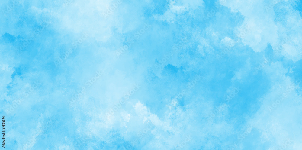 Obraz premium Watercolor painting Morning fresh and clear blue sky, Sky pattern with watercolor splashes, cloudy Grunge effect Aquarelle paint paper textured, abstract painted white clouds with pastel blue sky.