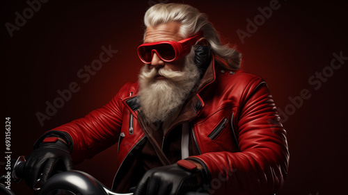 cool santa on a bike in a red leather jacket, glasses and headphones listening to music photo