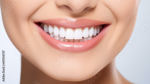 Beautiful healthy white smile on a white background, close-up photo of a young woman's face. Image for a dental clinic with copyspace.