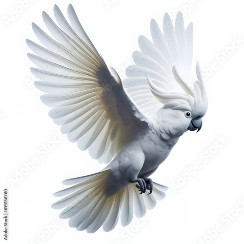White Cockatoo with yellow wings. Nature themed designs, wildlife. Cacatua blanca con alas amarillas, Cacatua alba, Weißer Kakadu, Белый какаду, high quality portrait, isolated white background.