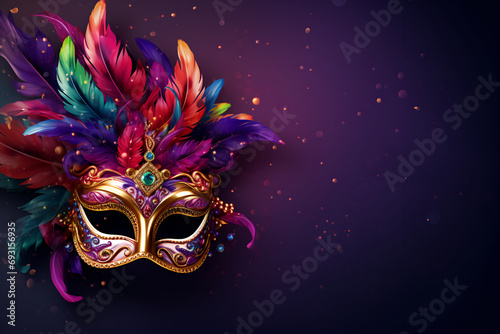 Carnival mask on a violet background, suitable for design with copy space, Mardi Gras celebration. © Мария Фадеева