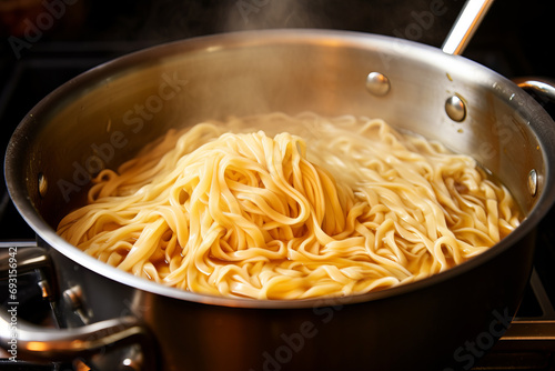 Pot with freshly cooked steaming pasta