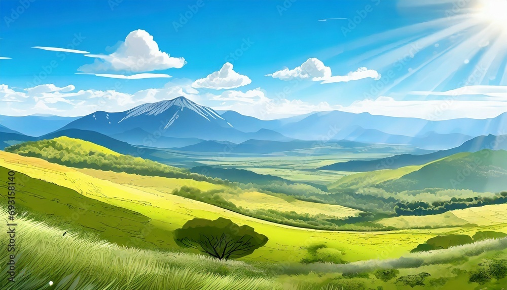 landscape countryside cartoon scene background panoramic view on the top of mountain on sunny day generative ai