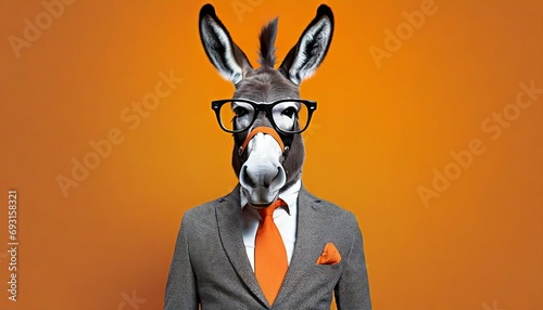 stylish portrait of dressed up imposing anthropomorphic donkey wearing glasses and suit on vibrant orange background with copy space funny pop art illustration photo