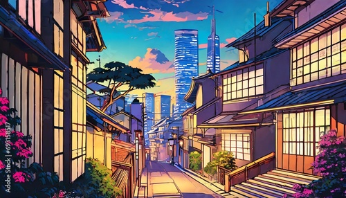 a beautiful japanese tokyo city town in the evening houses at the street anime comics artstyle cozy lofi asian architecture 16 9 4k resolution generative ai