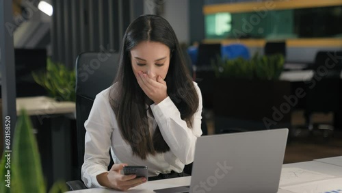 Shocked confused upset disappointed business woman Caucasian female manager girl businesswoman employer office worker read bad news reject bank notice failure mobile phone lost financial problem shock photo