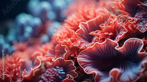 Macro shot on coral and anemones  Intricate Patterns On A Piece  Generative AI  Macro shot on coral and anemones  Extreme closeup of pink soft corals showing texture. Abstract background of sea lif   