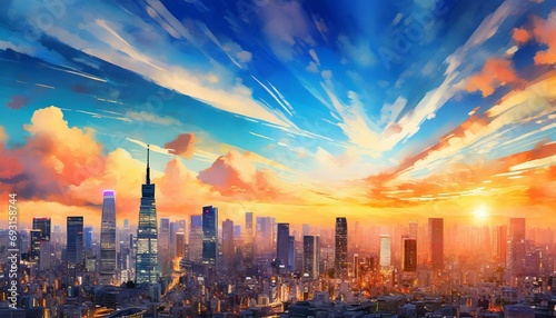late dusk with beautiful heavenly sky over tokyo like city sky city sunset clouds abstract illustration wide format hope divine heavens concept hand edited generative ai