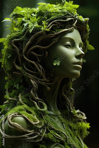 topiary green woman sculpture in spring garden