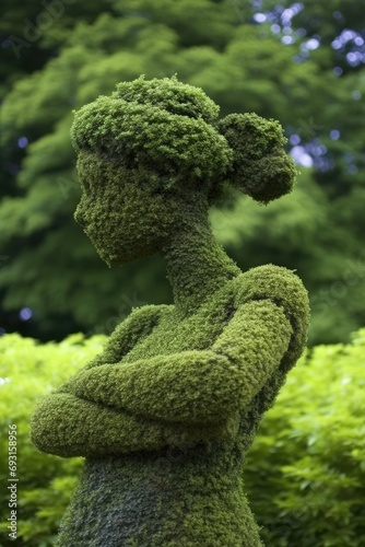 topiary green woman sculpture in spring garden photo