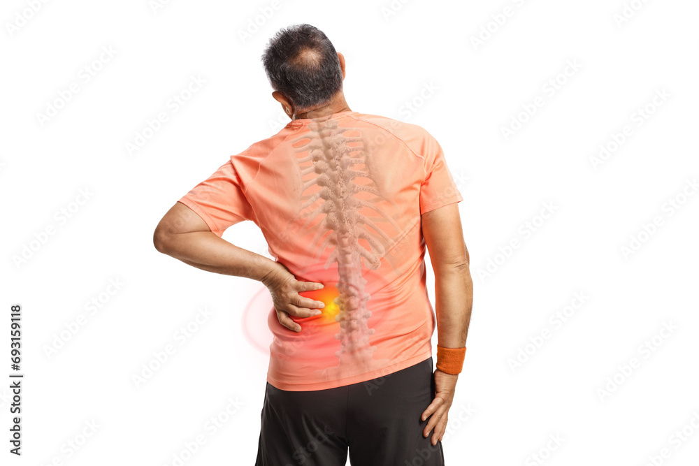 Rear view shot of a man holding his painful back, visible spine bone with inflammation spot Rear view shot of a man holding his painful back, visible spine bone with inflammation spot