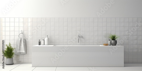 Realistic of a bathroom or kitchen with white tile walls  floors  and square mosaic surface.