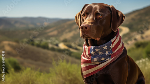 Chocolate labrador dog with U.S. flag bandana photo