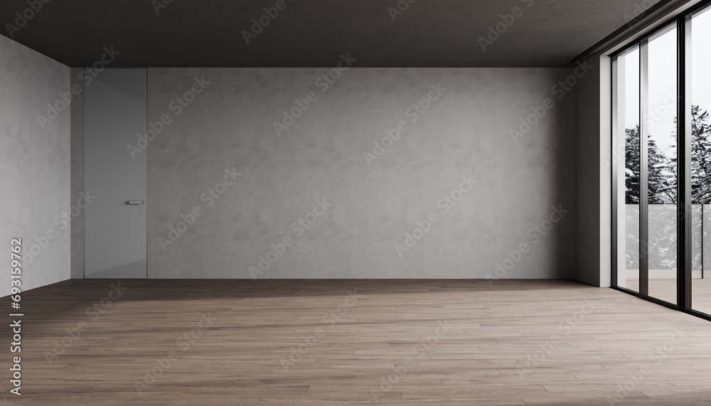 Obraz premium Empty room for mockup. Empty room with light gray wall and wooden floor. Loft. 3d rendering