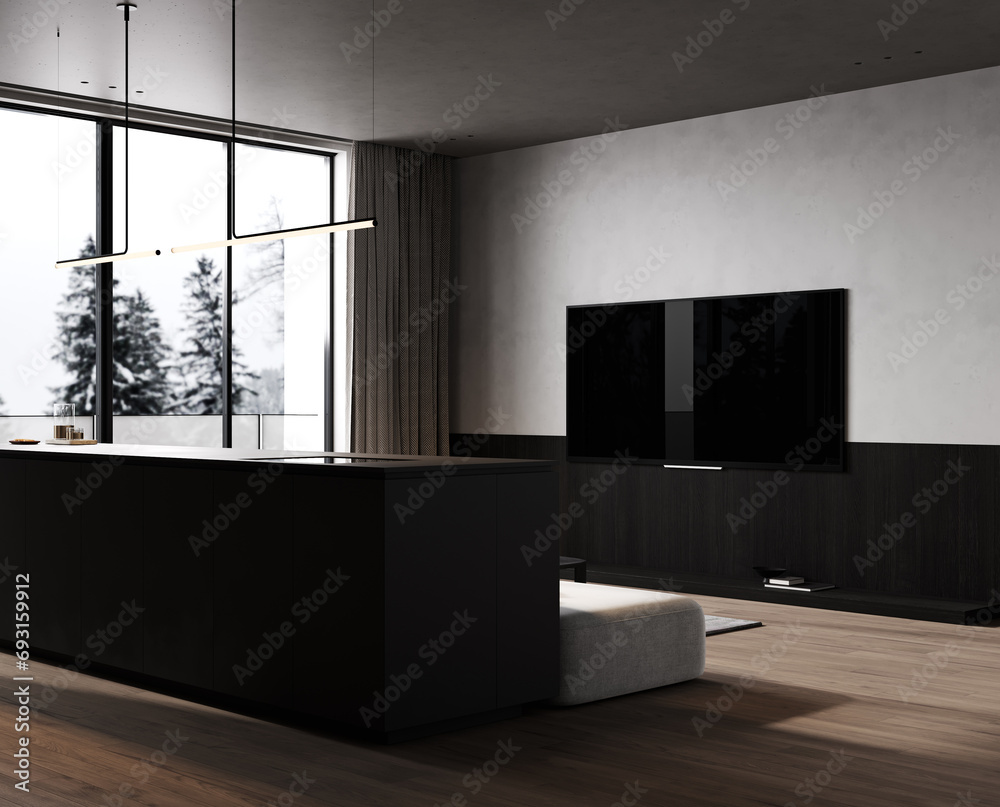 Living room interior with TV console, sofa and decoration, gray concrete wall, 3d rendering Living room interior with TV console, sofa and decoration, gray concrete wall, 3d rendering