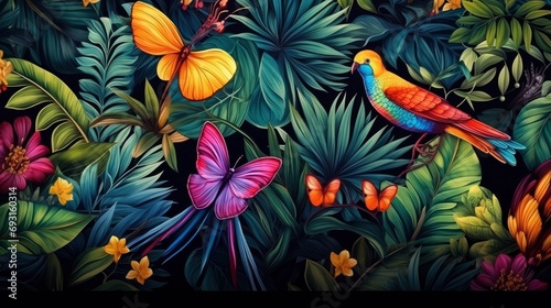 Vibrant Tropics Colorful Wallpaper Pattern Showcasing Tropical Leaves, Butterflies, and Birds Against an Aged Texture Background.