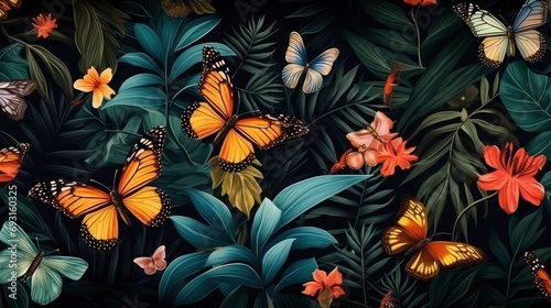 Tropical Colorful Wallpaper Pattern with Vibrant Tropical Leaves, Butterflies, and Birds on an Aged Texture Background.