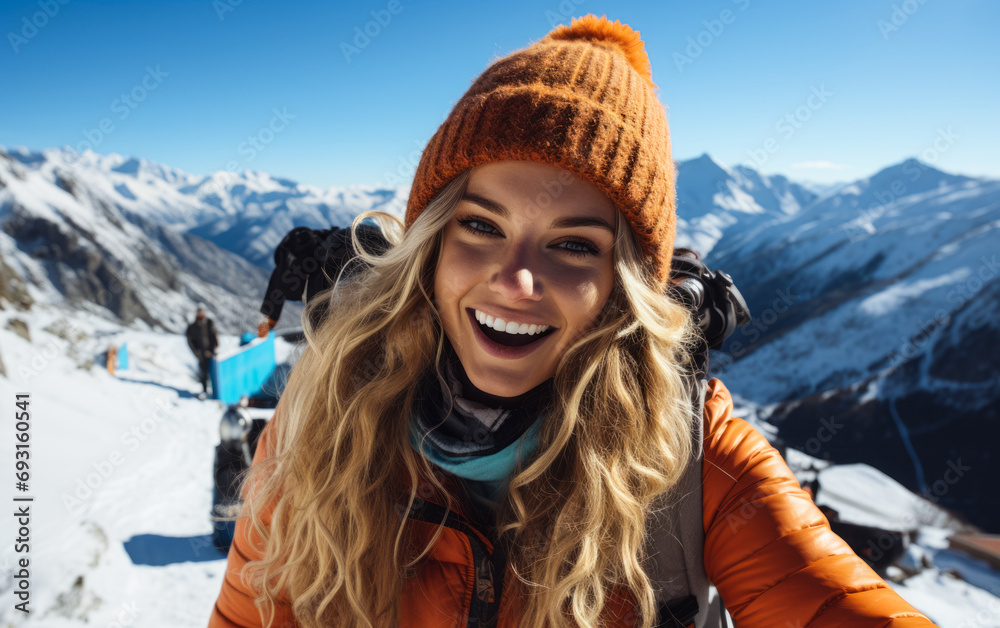 Joyful Female Skier Taking a Selfie with the Stunning Snow Covered Mountains and Clear Blue Sky on a Bright Winter Day