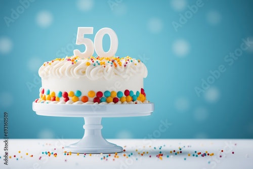 Birthday white cake with colorful confectionery sprinkles decorated with a number fifty on a blue background. photo