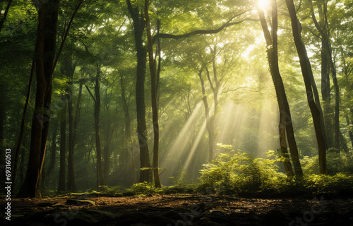 sun shining through trees in a forest