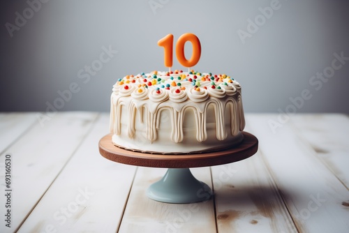 Birthday white cake with colorful confectionery sprinkles decorated with a number ten on a wooden table. photo