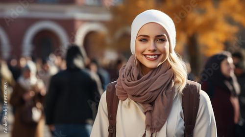 Photo of an Muslim female student, in a traditional hijab, standing on campus opposite the entrance to the ancient university on a sunny day