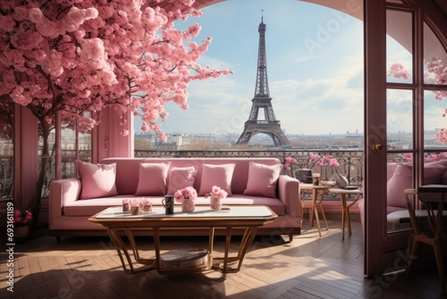 A cozy living room with pink furniture and a stunning view of the Eiffel Tower through the window