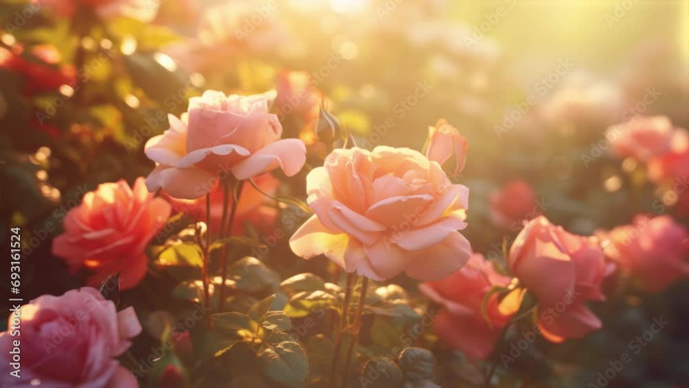 Pink roses and orange and white flowers in the sunny day garden, butterflies flying over the flowers background 4k