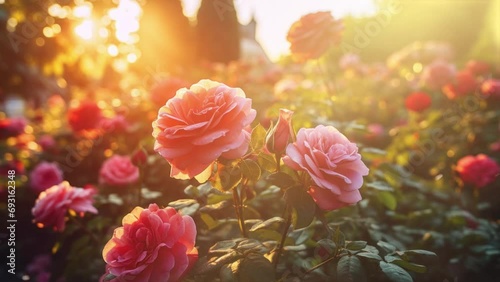 Pink roses and orange and white flowers in the sunny day garden, butterflies flying over the flowers background 4k