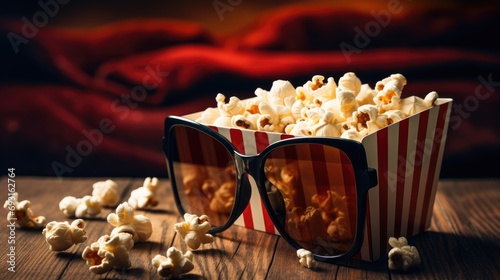 A paper bag with popcorn, glasses. A cozy evening watching a movie or TV series at home. There are blurred lights in the background. photo